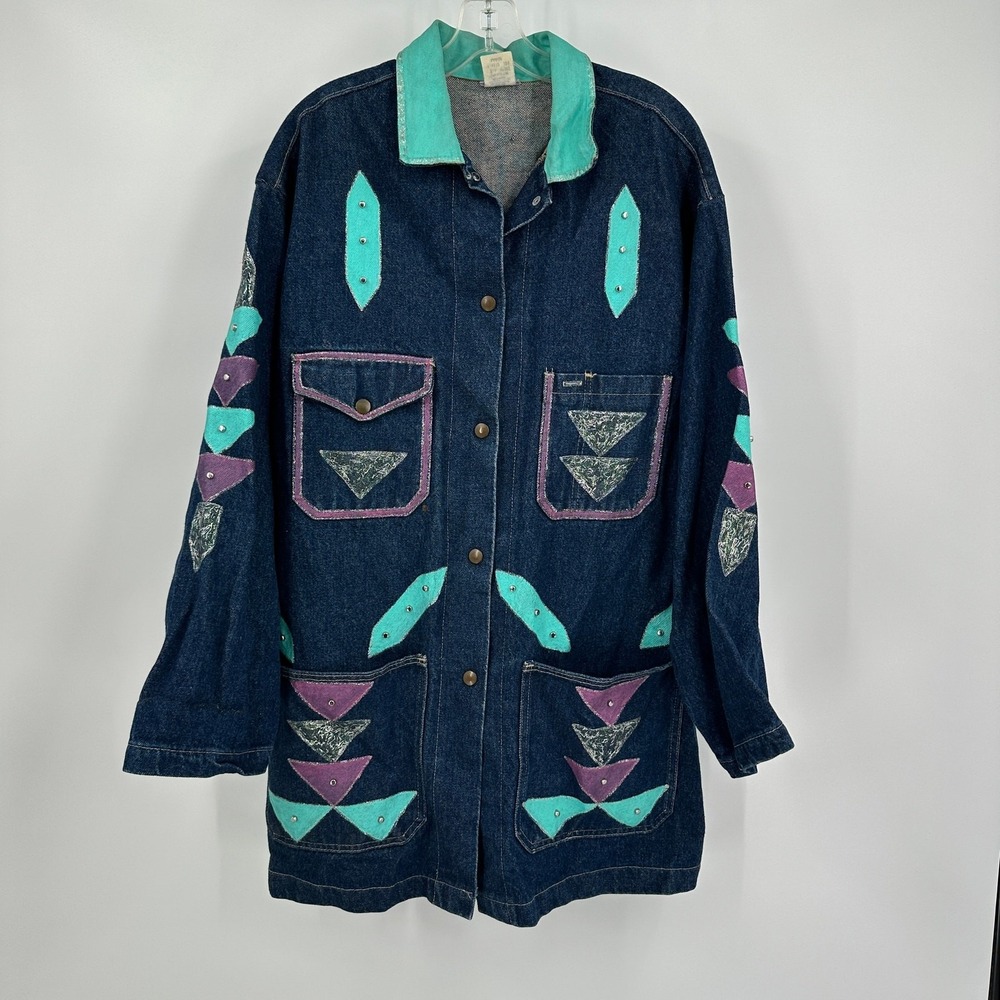 Womens Vintage Southwestern Denim Jacket Sz L Aztec Western Maximalist Eclectic